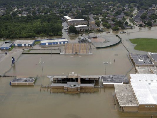 Aerial view of a flooded Houston high school