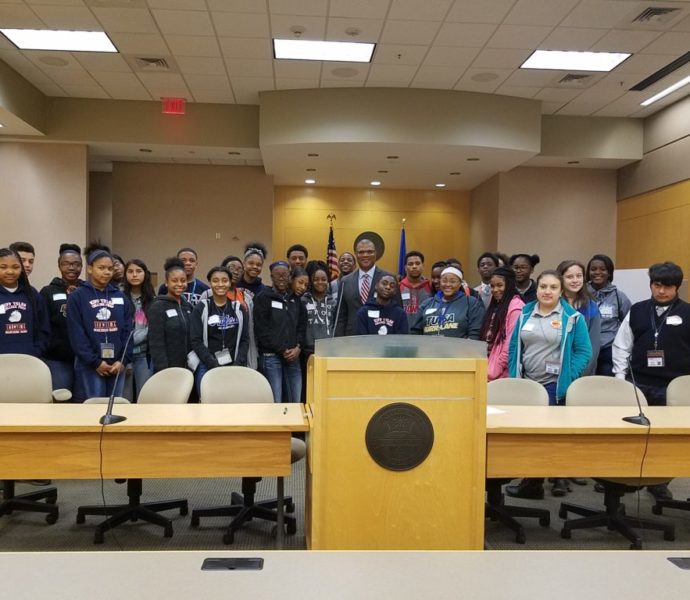 KIPP students gather in a room at University of Tulsa College of Law
