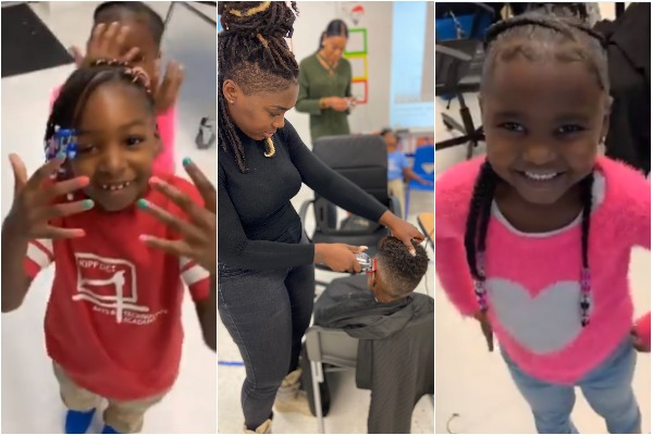 Azel Prather Jr. treated 40 kindergarten students to a day of self-care, replete with haircuts and manicures. (Photos: @Hail_Zel / Twitter)